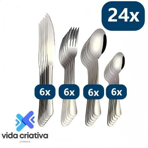 24 Peças Talheres De Aço Inox Garfo Faqueiro Colher De Sobremesa Cozinhas