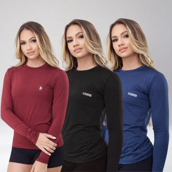 kIT 3 Camisa Térmica Feminina Proteção Uv 50+ Segunda Pele Camiseta Malha Fria Manga Longa UV