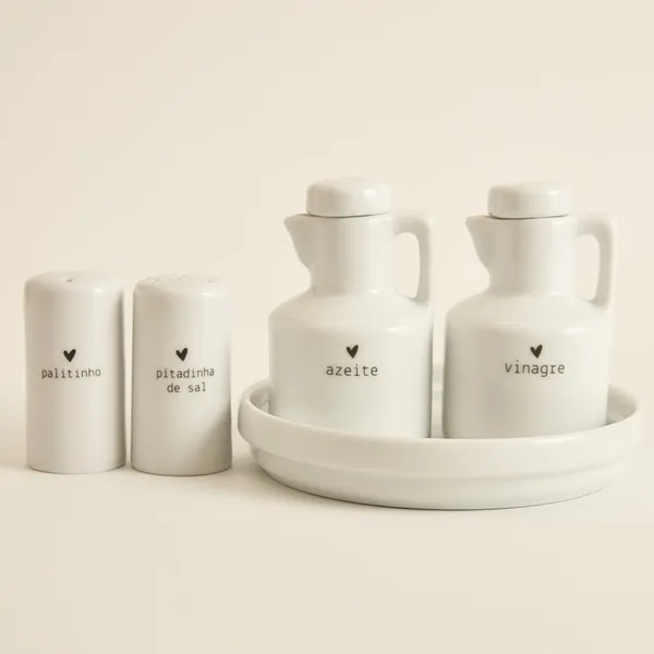 Galheteiros porcelana porta azeite, óleo, vinagre, shoyu, pimenta e balsâmico ou kit com bandeja