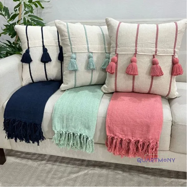 Kit Capa Almofada Pompom Listra (1 Capa + 1 Manta) Estilo Rustica Decorativa Artesanal Carnaval