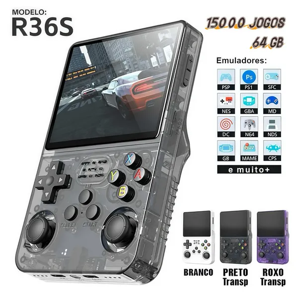 Console Portátil R36S + de 15.000 Jogos Vídeo Game 64g Linux Tela IPS 3.5 Polegadas
