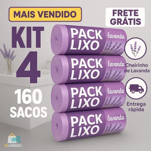 Kit 4 Rolos Saco de Lixo Lavanda 160 Unidades | 34x38cm | Pia e Banheiro | Anti-Odor