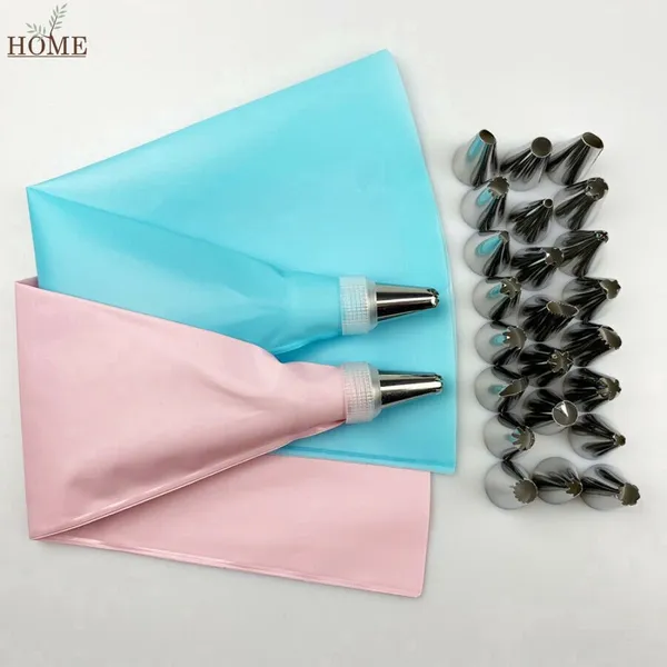 24 PÇS Azul/Rosa Conjunto de Saco de Confeiteira de Silicone com Bico para Decoração com Creme / Confeitaria / Açúcar