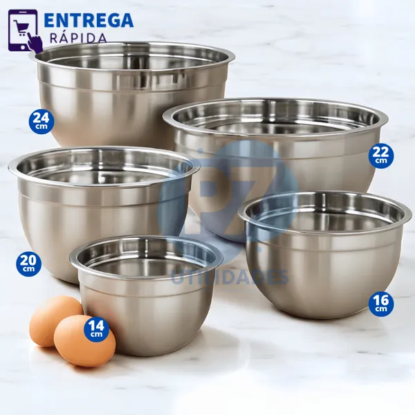 Jogo de Bowl Inox 5 peças, tigela inox, empilhável 14cm 16cm 20cm 22cm 24cm, mais de 5Mil vendidos