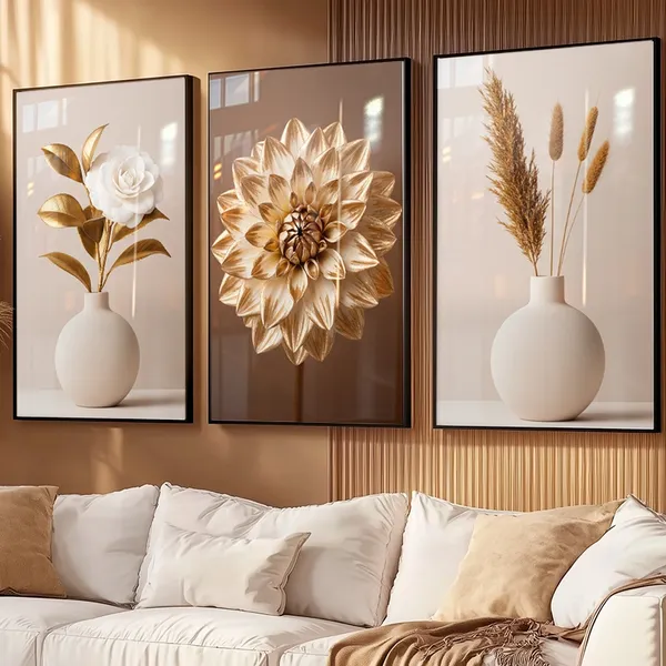 Quadro Decorativos Trio Moderno Exclusivo Flores Rosa Branco Dourado para Sala Hall