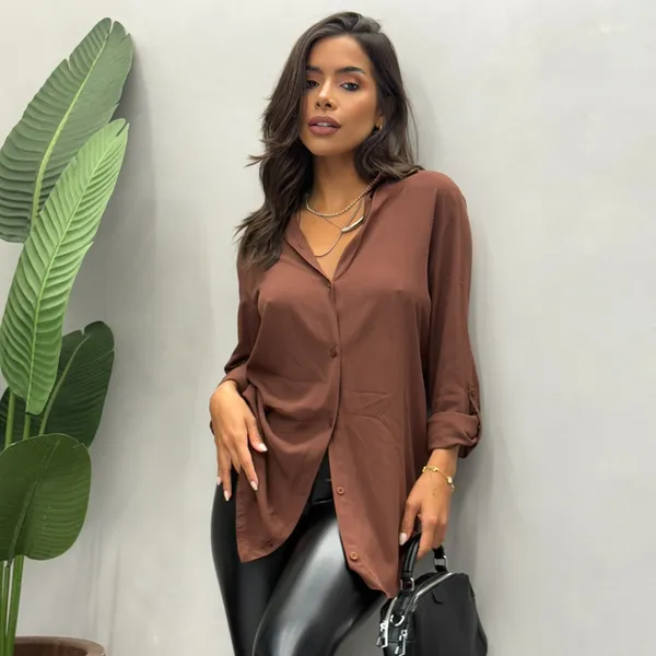 Max Camisa Feminina Viscolinho Manga Longa Elegante Sofisticada Casual Leve Moda Estilo Pre Lavado