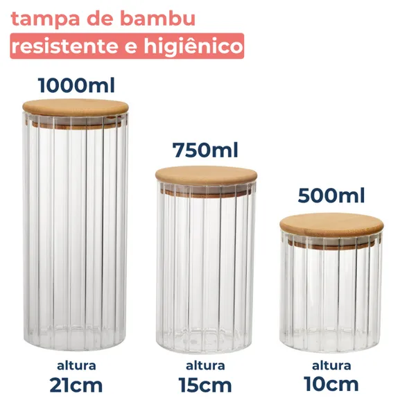 Kit 3 Potes De Vidro Canelado Hermético Mantimentos Com Tampa Bambu 1000ml 750ml e 500ML