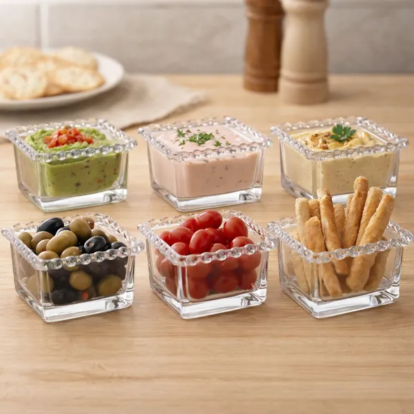 Kit 6 Bowl Para Petisco Sobremesa Molho Patê Quadrado em Cristal Coração Transparente Lyor