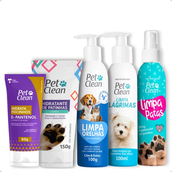 Kit Higiene​ Pet Clean Limpa Patas + Orelhas + Lágrimas + Hidratante de Patas + Focinhos Cães e Gatos