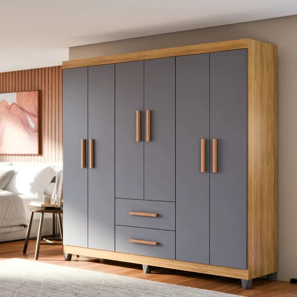 Guarda Roupa Casal Lite 6 Portas 2 Gavetas Grandes Cabideiro Prateleiras MDF Amplo Espaço Quarto