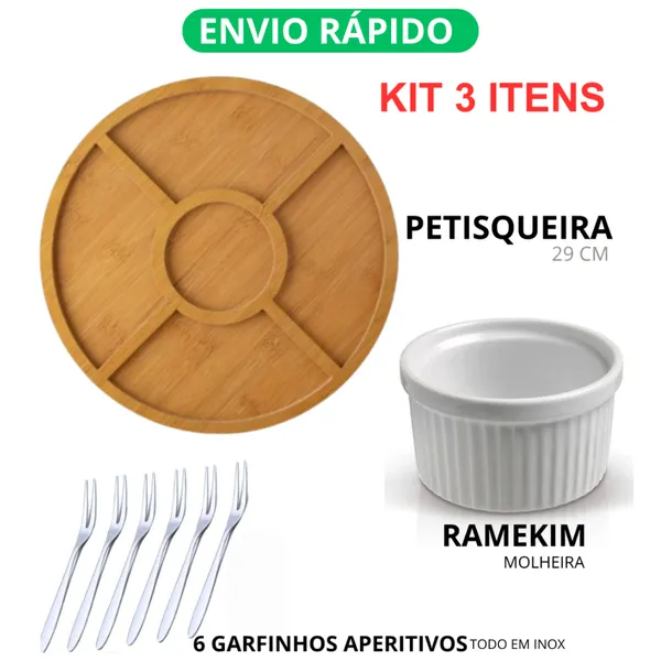 Petisqueira Redonda Para Frios Queijo Com Molheira Ramekin e Garfinhos para Petiscos kit