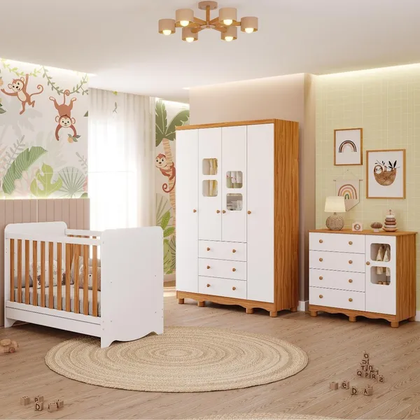 Quarto bebê completo berço americano Ben 3 em 1, guarda roupa 4 portas e cômoda Uli 4 Gavetas 100% MDF