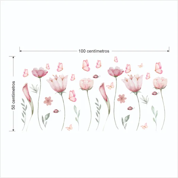 Adesivo De Parede Em Recorte Sem Fundo Flores Raminhos Jardim Borboletas Rosa