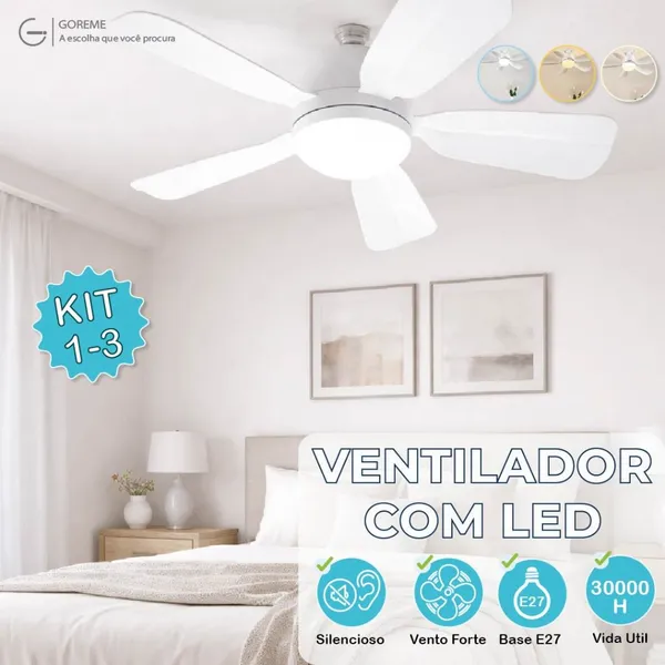 Ventilador de Teto LED 60W 80W Lâmpada E27 Controle Remoto Bivolt Luminária ECO Bivolt