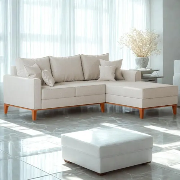 Sofá 3 Lugares Beny com Chaise Direito Linho Bege