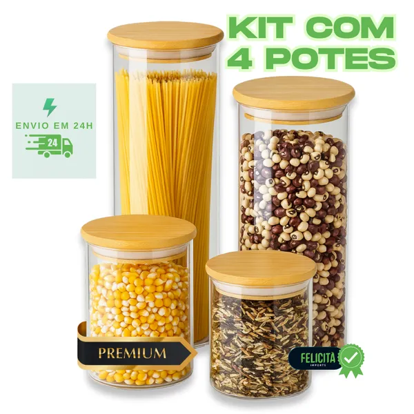 Kit 4 Potes 500ml 700ml 1000ml 1400ml Herméticos de Vidro Borossilicato com Tampa de Bambu