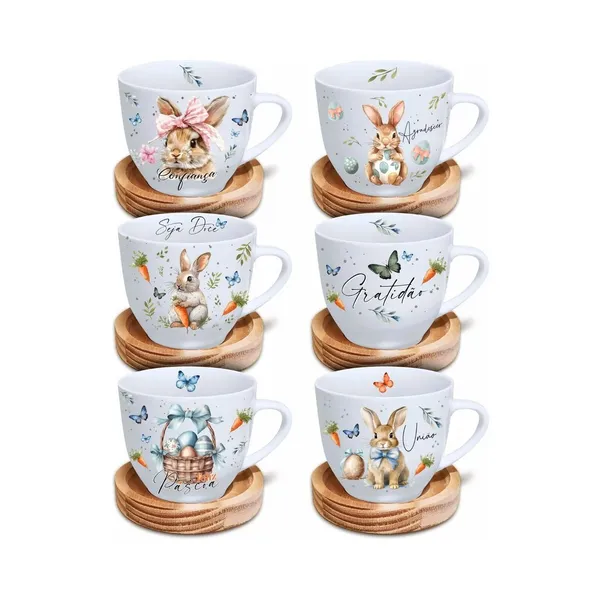 Conjunto de 6 Xícaras 170 ML com Pires de Madeira Doce Páscoa Coelho Doce Decoração Kit Mesa Chá Café Charmoso