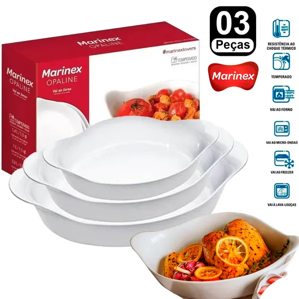 Kit 03 Assadeiras Opaline marinex PMG Travessa Forma Travessas Vidro Branco Brilhante Resistente