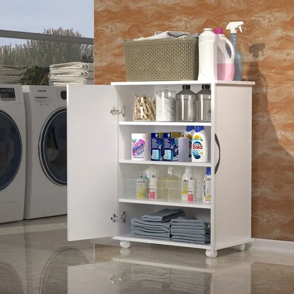 Armário Balcão 5 Prateleiras Branco Com Rodinhas porta duplas