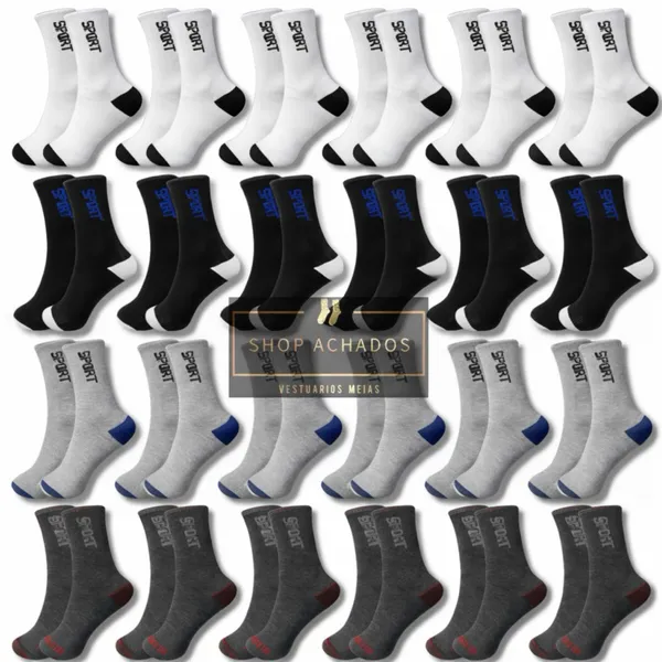 kit 12 pares de meia masculina cano longo algodão, cano curto, soquete feminina, meia para academia, social
