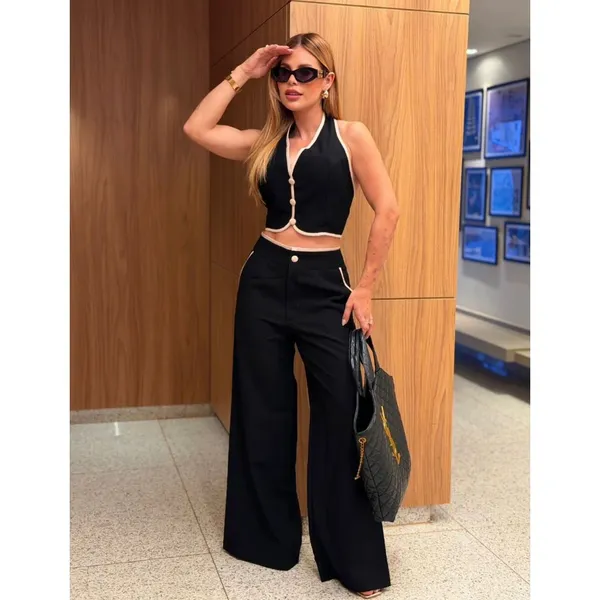 Conjunto Feminino Bicolor Elegante Calça Pantalona e Colete Frente Única