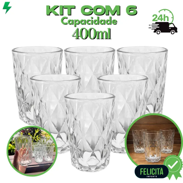 Jogo 6 Copos Diamante Vidro 400ml Cristal Elegante Relevo Geométrico Drinks