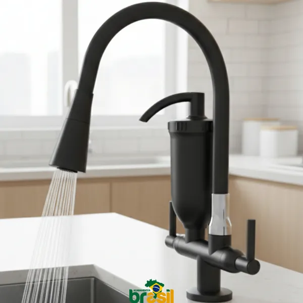 Torneira Filtro para Cozinha Preta Bica Flexível 2 Jatos Carvão Ativado 1/4 de Volta pia bancada