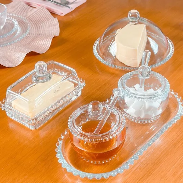 Kit Café da Manhã  Vidro 5 Itens - Queijeira + Manteigueira + Açucareiro + Meleira + Travessa Pearl Bolinhas  Wolff