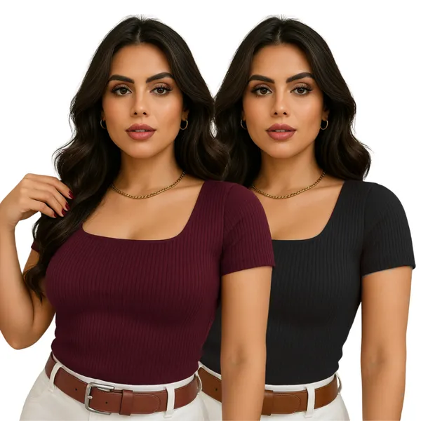 Kit 2 Blusas Canelada Blusinha Feminina Decote Quadrado Manga Curta Trabalho Básica Gola U Faculdade