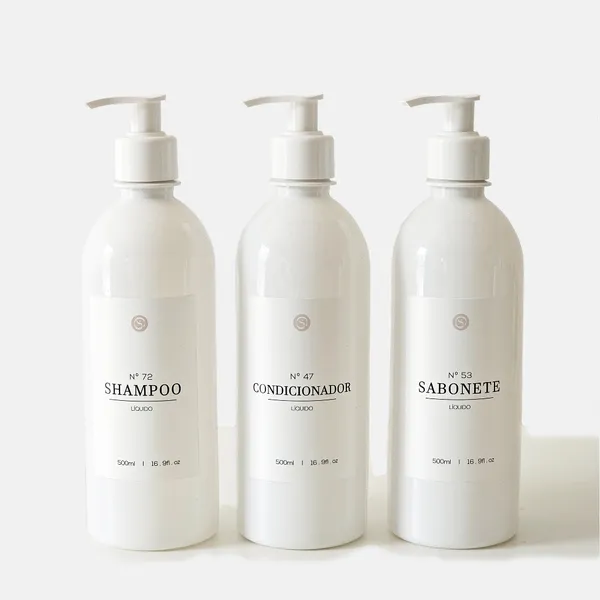 Kit Banheiro 3 peças Frascos Brancos 500ml - Shampoo, Condicionador e Sabonete