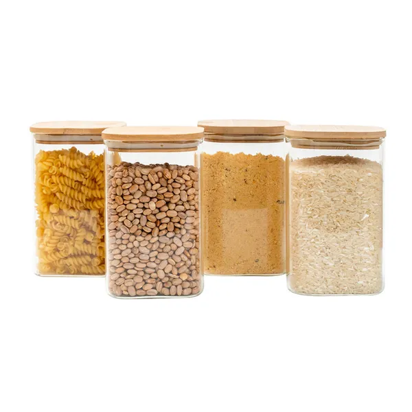 Kit 4 potes de vidro 1,1L tampa de bambu herméticos quadrado - Tüd
