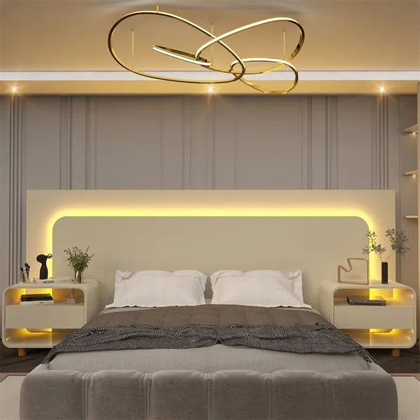 Cabeceira Box Casal com 2 Mesas de Cabeceira com Led Innova 100% MDF Off White
