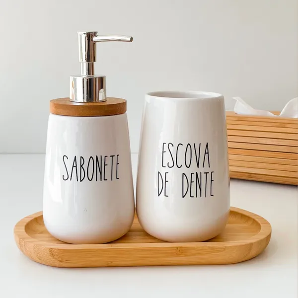 Kit Banheiro Cerâmica Branco Dispenser Sabonete e Escova de Dente Pote Banheiro Tampa de bambu 2 Pçs