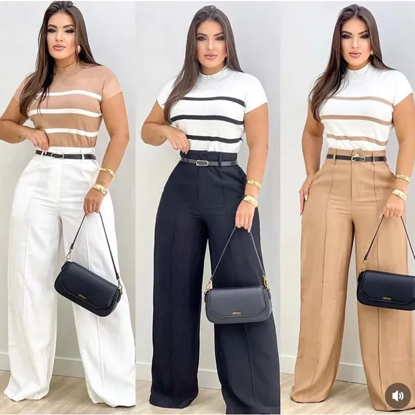 Kit 3 Pantalona Calça Alfaiataria Social Cintura Alta Com Cinto e Bolsos Moda Elegante Tendência Luxo Formal Premium