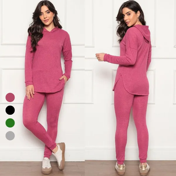 Conjunto Lãzinha Feminino Inverno  Calça e Blusa com Capuz Lanzinha Frio Quentinho Abrigo 2 peças