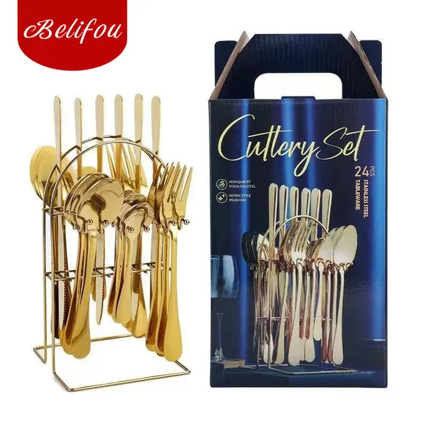 Belifou Kit Talheres 24 Peças Dourado com Suporte