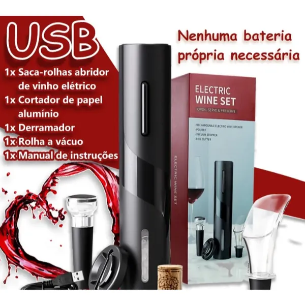Saca Rolha Abridor De Vinho Elétrico Recarregável Automático Kit 4 Peças Carregamento por usb