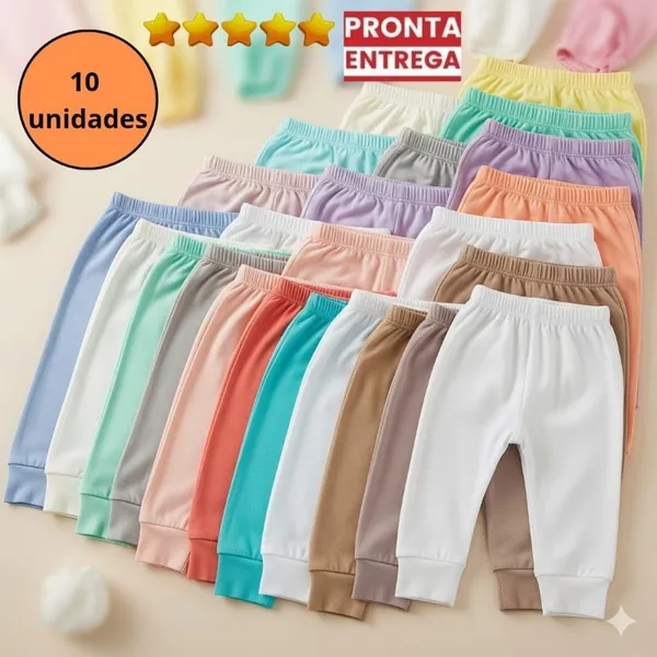 Kit 10 mijão calça sem pé bebê 100% algodão RN P M G e GG, várias cores
