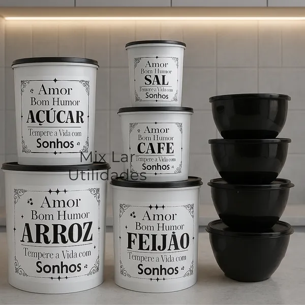Kit de potes para mantimentos 9 peças - plástico decorado