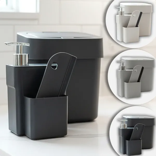 Kit Lixeira Pia De Cozinha 4 Litros E Dispenser Porta Deterente Sabão Bucha Luxo Pequena Kit Organizador Pia Lixeirinha