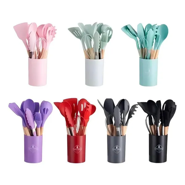 KIT de Utensílios Para Cozinha em Silicone e Bambu 12 Peças