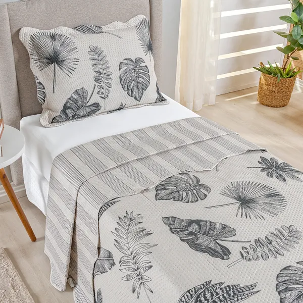 Kit Cobre Leito Colcha Solteiro Bouti 2 Peças Dupla Face Estampada Porta Travesseiro Aba Americana