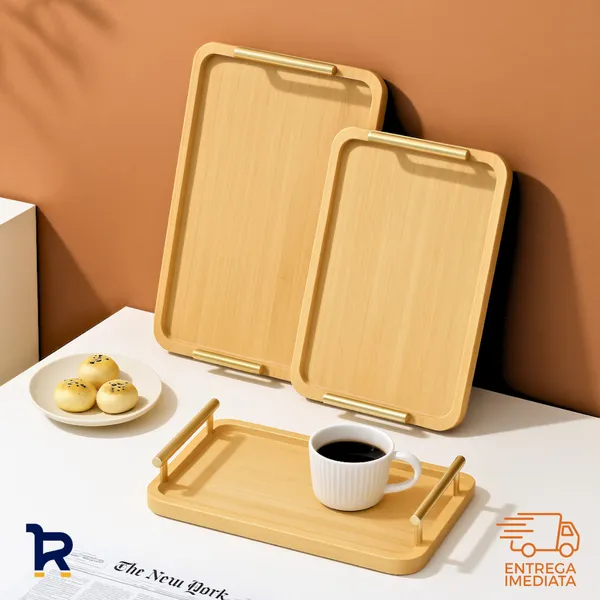 Bandeja Bambu Alça de Metal Kit com 2 - 30x20 e 35x25 Multiuso Decoração Porta Copos Chá Petisqueira
