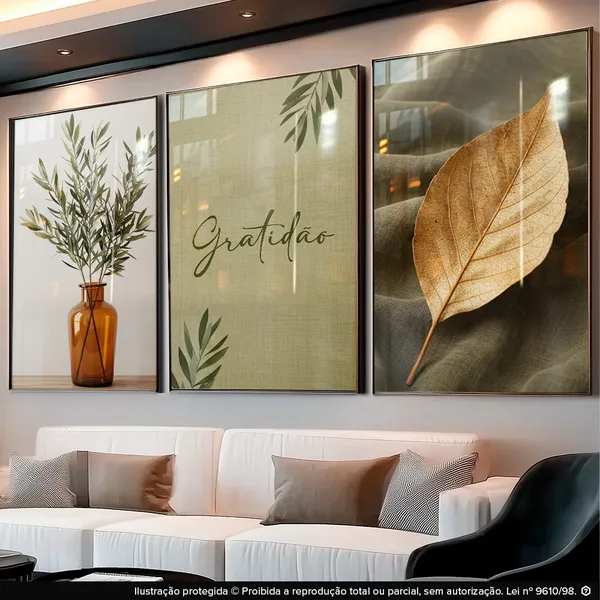 Kit 3 Peças Painel de Quadros Decorativos Gratidão Para Sala Vaso Folha Verde
