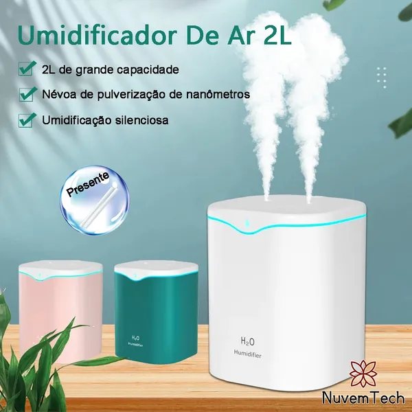 Umidificador de Ar 2 Litros - Aromatizador USB LED Ultrassônico Bico Duplo