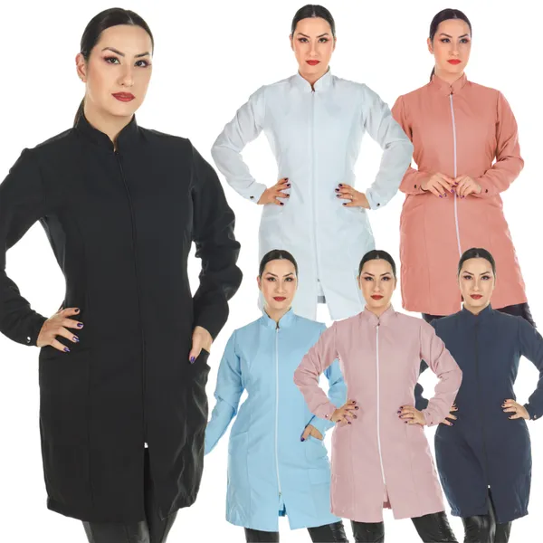 Jaleco Feminino Diversas Cores Oxford Com Ziper Gola Padre Manga Longa