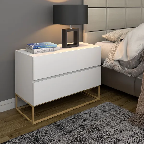 Mesa Cabeceira Eros 60CM 2 Gavetas estilo Industrial Pés Dourado Para Quarto