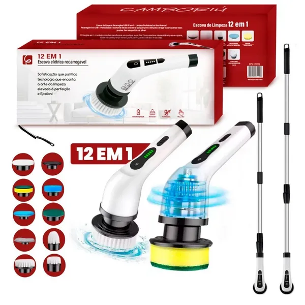 Escova Elétrica Limpeza Kit 12 em 1 Sem Fio Giratória Portátil