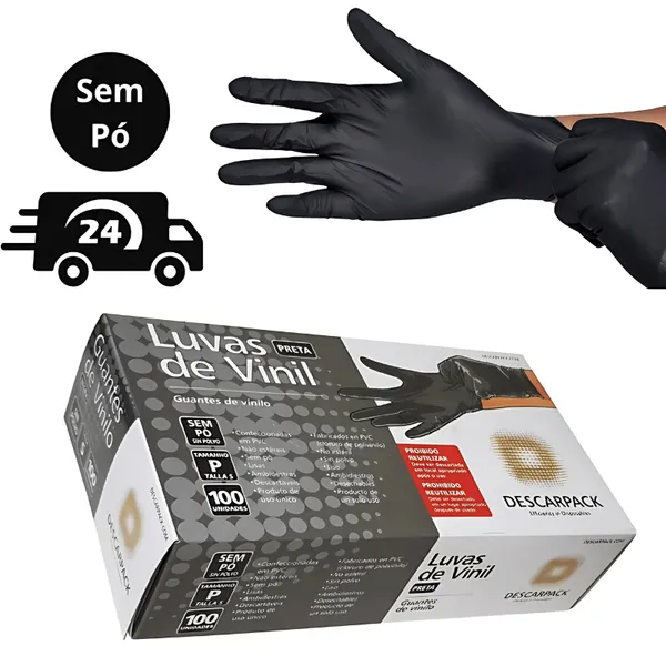 Luva Vinil Preta Descartável Sem Pó Resistente 100 Unidades