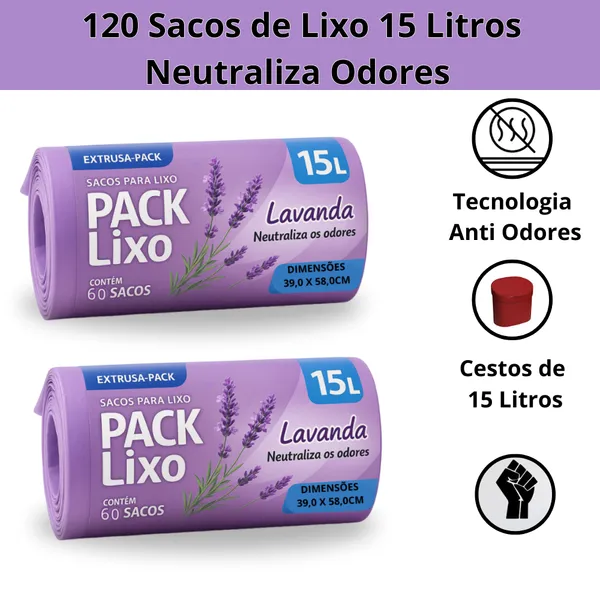 Kit 2 Rolos Lavanda 15 Litros 120 Sacos de Lixo  Neutraliza Odores